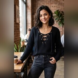 GUESS Black Ribbed Knit Lace-Up Front Sweater Size S